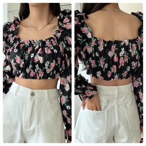 Long Sleeve Boho Floral Crop Blouse